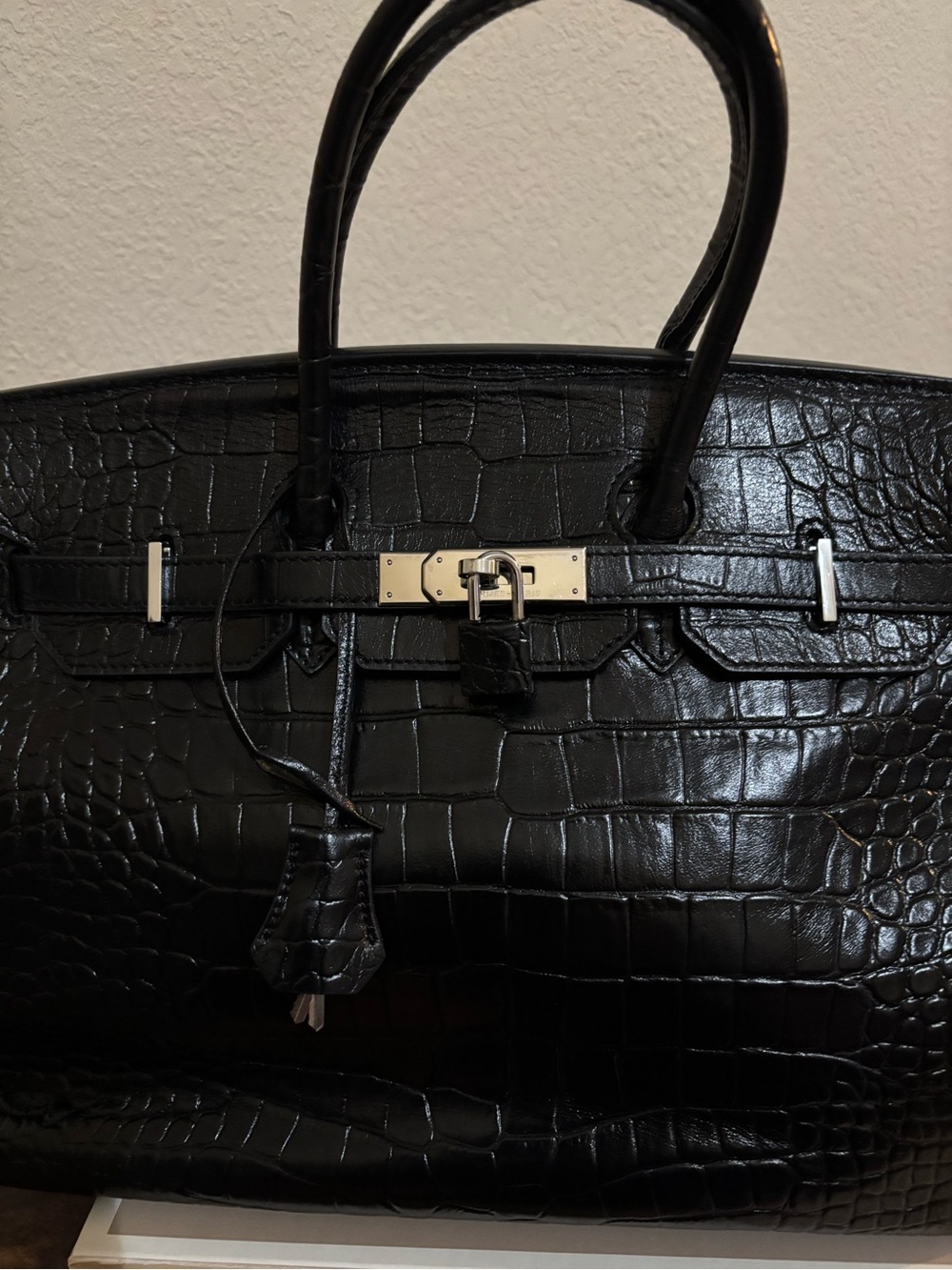 Source Unknown Black Croc-Embossed Satchel with Silver Hardware